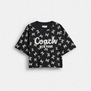 Dámské Tričko Coach Bow Print Cursive Signature Cropped Černé | 8195432-CZ