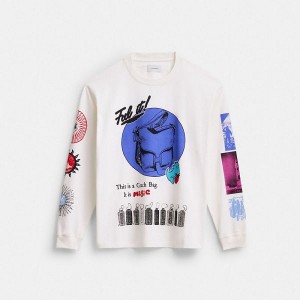 Pánské Tričko Coach Graphic Long Sleeve In Organic Cotton Bílé Krém | 9156703-CZ