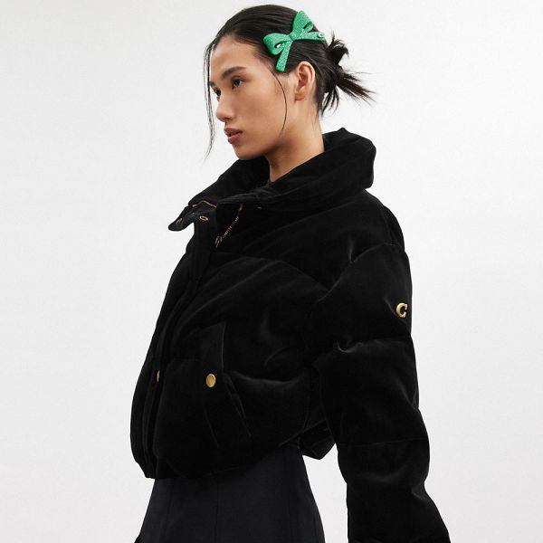 Dámské Bunda Coach Velvet Puffer Černé | 8567409-CZ