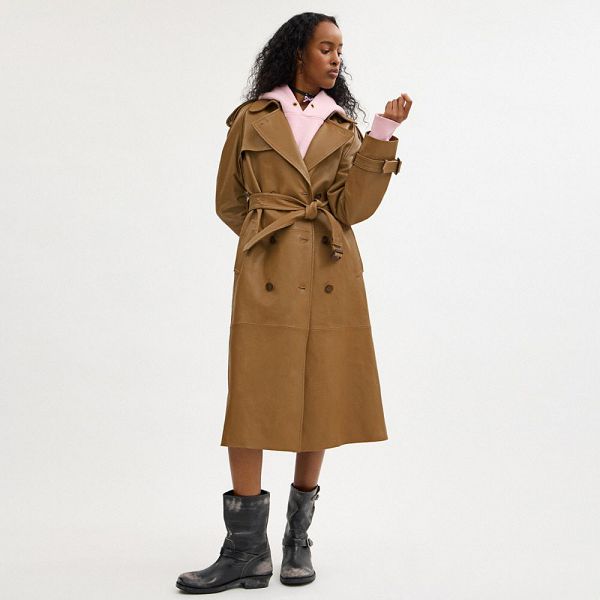 Dámské Kabáty Coach Leather Double Breasted Trench Tmavě Béžový | 5916723-CZ