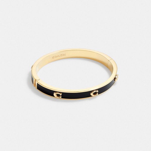 Dámské Pevný Náramek Coach Pegged Signature Hinged Zlaté Černé | 3876429-CZ