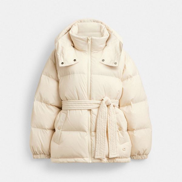 Dámské Péřová Bunda Coach Mid Length Belted In Recycled Polyamide Krém | 0432619-CZ