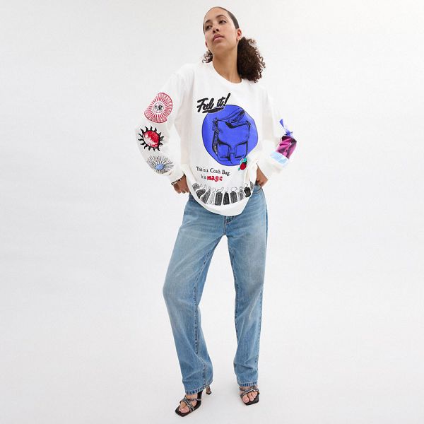 Dámské Tričko Coach Graphic Long Sleeve In Organic Cotton Bílé Krém | 4895376-CZ