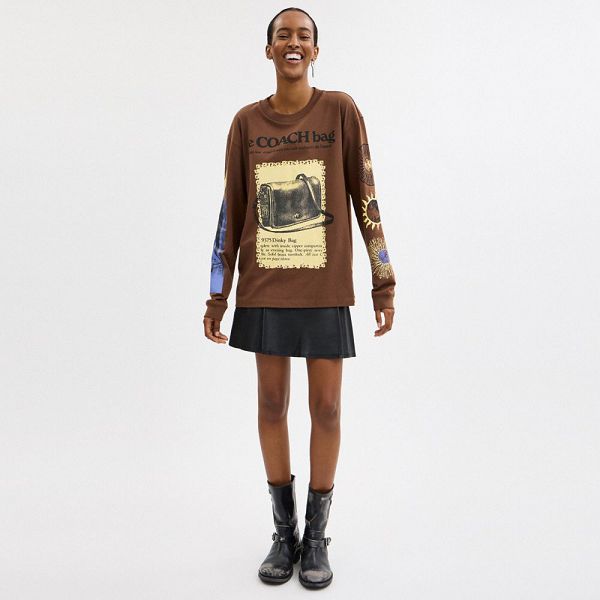 Dámské Tričko Coach Long Sleeve Graphic In Organic Cotton Hnědé | 8724935-CZ