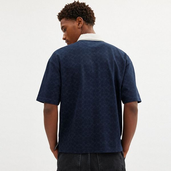 Pánské Polo Triko Coach Signature Relaxed Rugby In Organic Cotton Tmavě Blankyt | 0349217-CZ